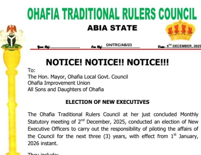 Ohafia Traditional Rulers Council Elects New Executive Officers To Man Her Affairs